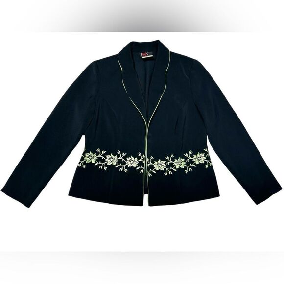 Vintage R&K Black Blazer Green Floral Embroidered Pattern Open Blazer Cardigan - Picture 1 of 7